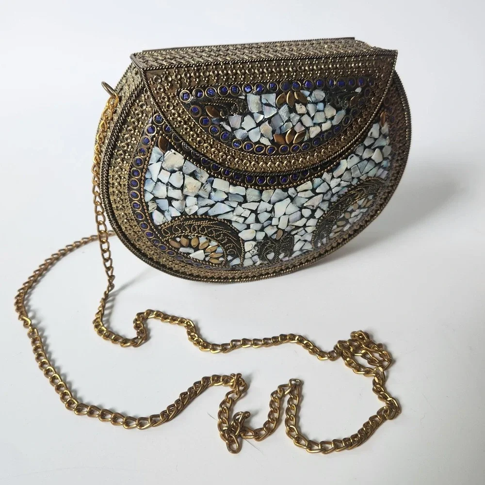Vintage Handmade Brass Mother of Pearl Mosaic Crossbody Clutch Purse Bohemian